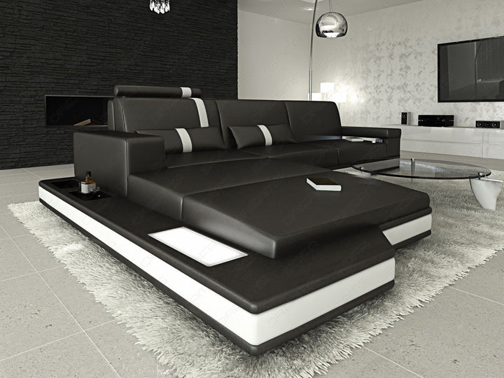 Ledersofa Messana L Form Mini mit Beleuchtung schwarz-weiss