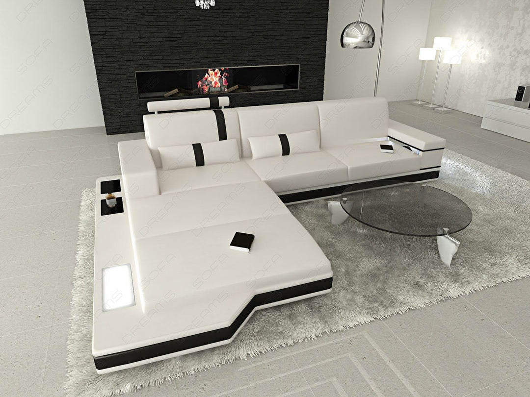 Ledersofa Messana L Form Mini mit Beleuchtung in weiss-schwarzer Farbkombination