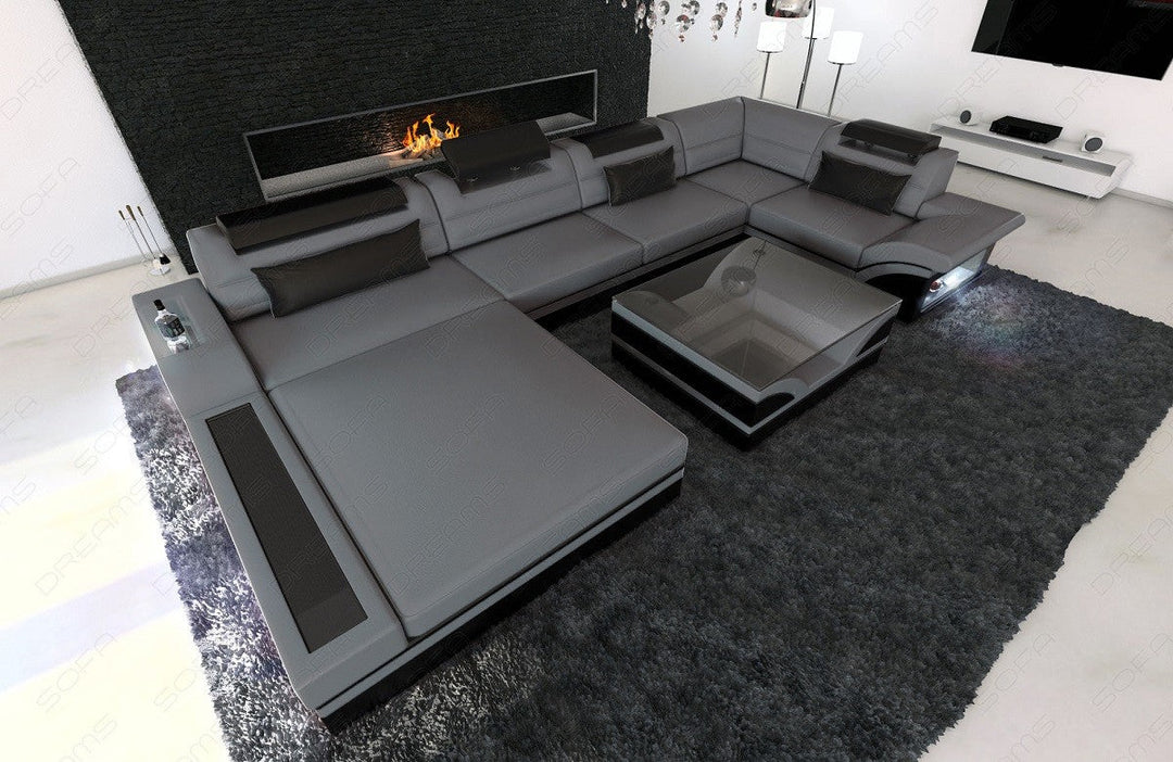Luxus Wohnlandschaft Mezzo U Form mit LED grau-schwarz