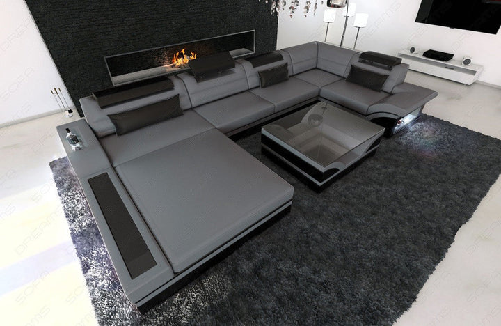 Luxus Wohnlandschaft Mezzo U Form mit LED grau-schwarz