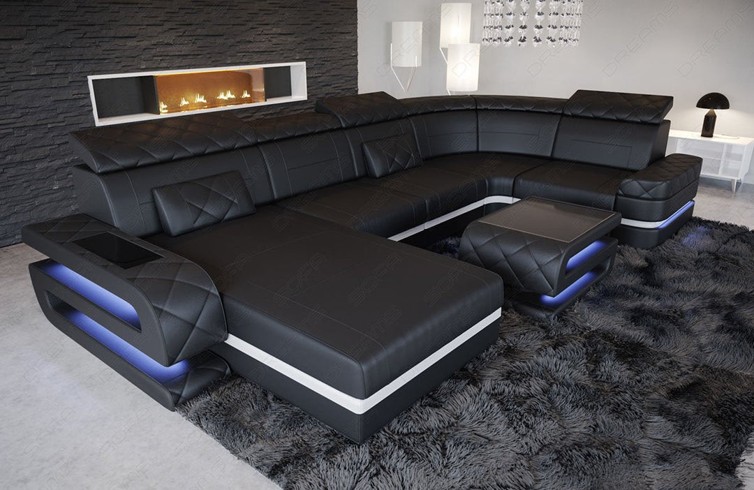 Ledersofa Bologna U Form Mini mit LED Licht und USB in schwarz - weiss