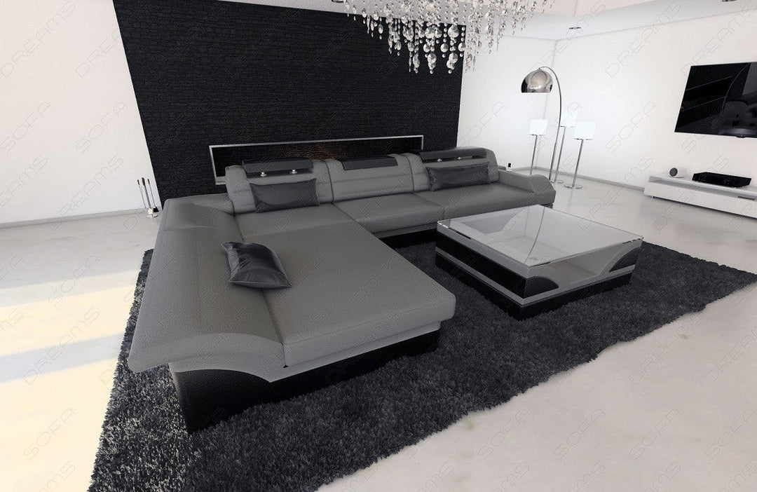 Echtledersofa Monza als L Form in grau-schwarz