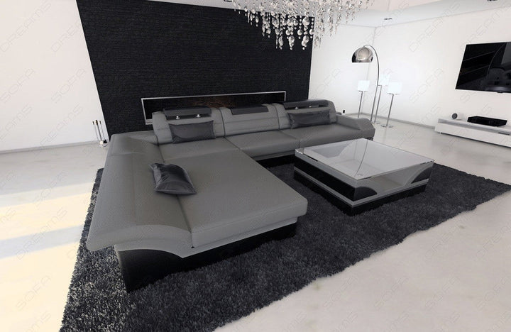 Echtledersofa Monza als L Form in grau-schwarz