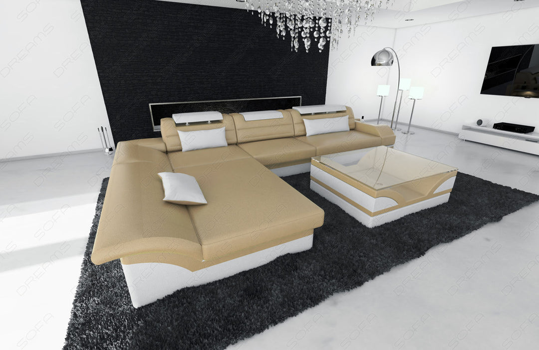 Eckcouch Monza L Form in Leder in sandbeige-weiss