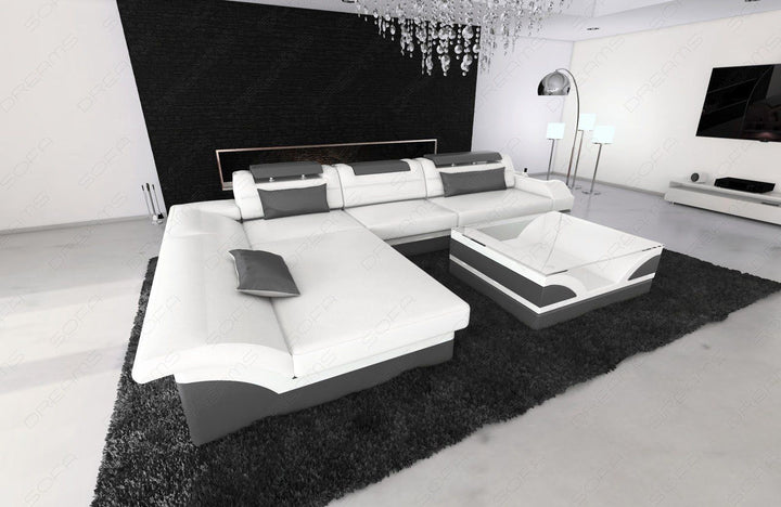 Designersofa Monza in Leder in weiss-grau