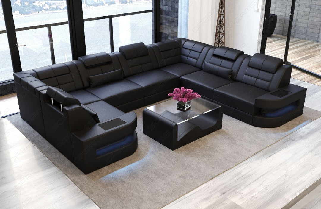 Leder Wohnlandschaft Como U Form in schwarz