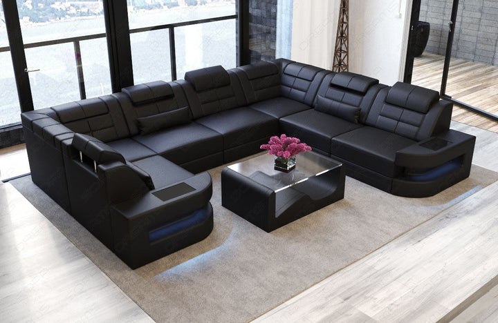 Leder Wohnlandschaft Como U Form in schwarz