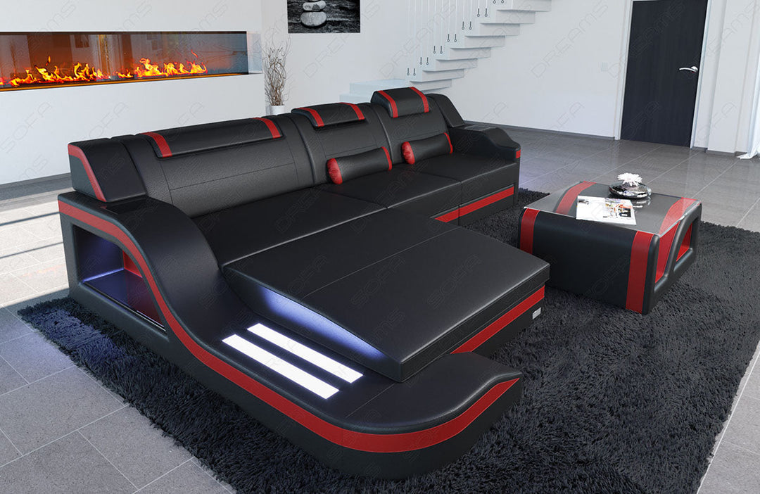 Ledersofa PALERMO L-Form mit LED Beleuchtung in den Farben schwarz-rot