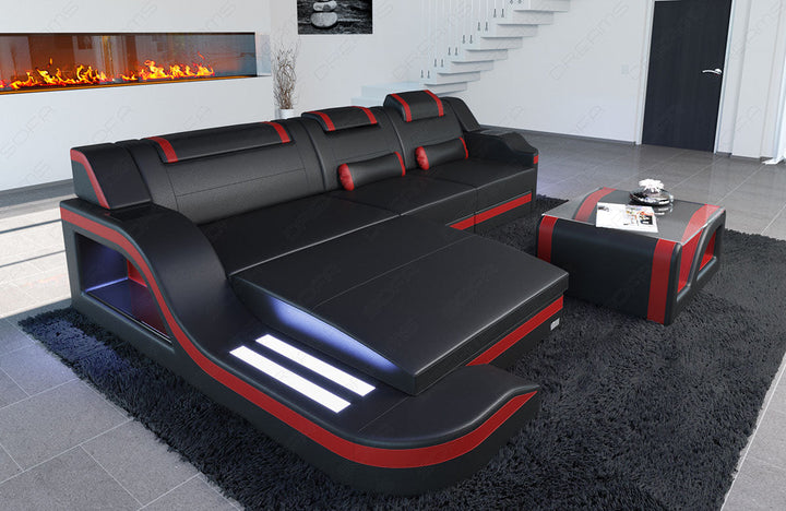 Ledersofa PALERMO L-Form mit LED Beleuchtung in den Farben schwarz-rot