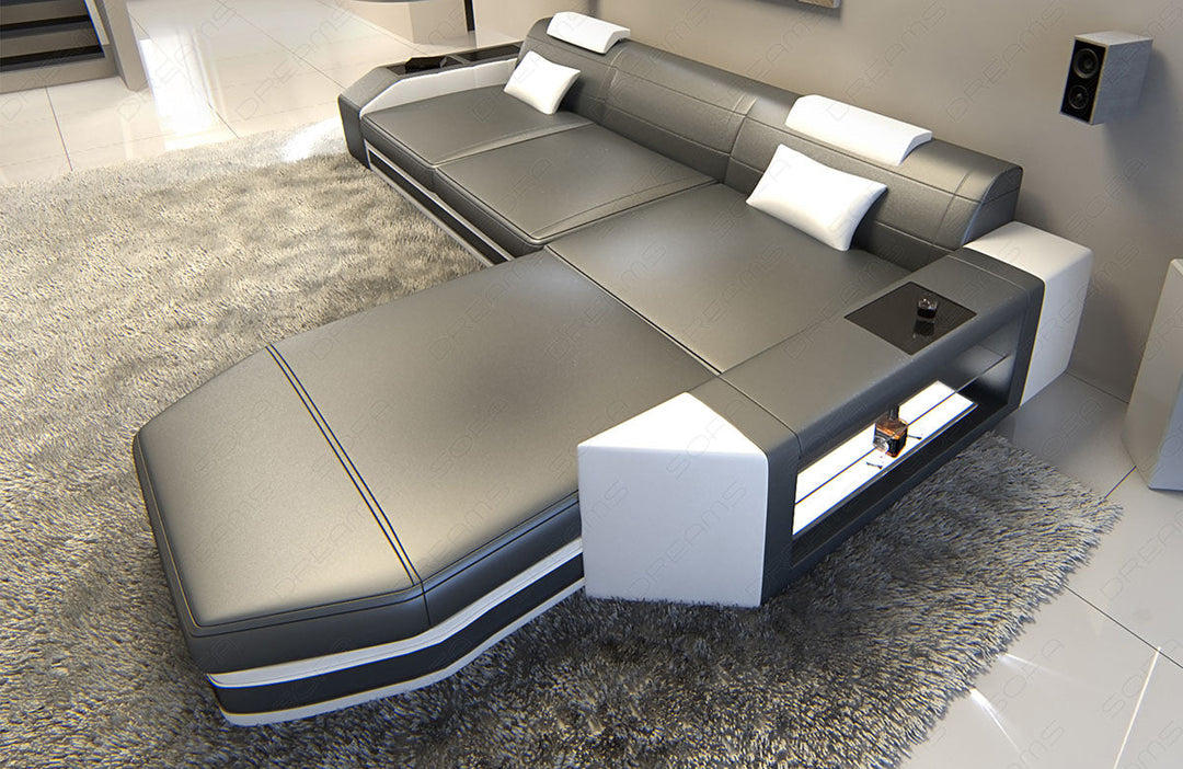Designer Ledersofa Prato in grau-weiss mit Stauraum