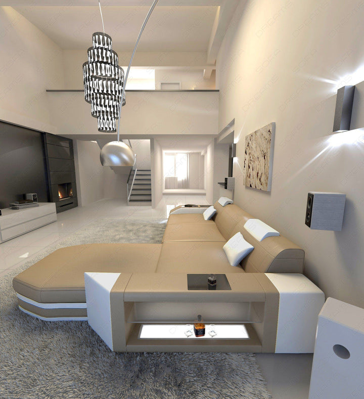 Luxus Ledersofa Prato L Form in beige-weiss