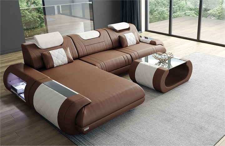 Designer Ledersofa Rimini L-Form mit Ottomane in hellbraun-weiÃŸ