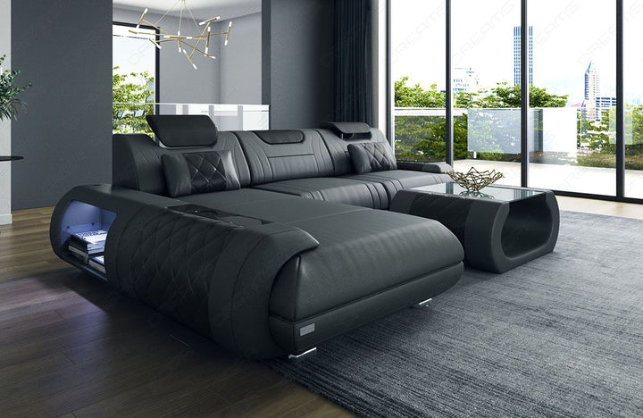 Designer Ledersofa Rimini L-Form mit Ottomane in grau-schwarz