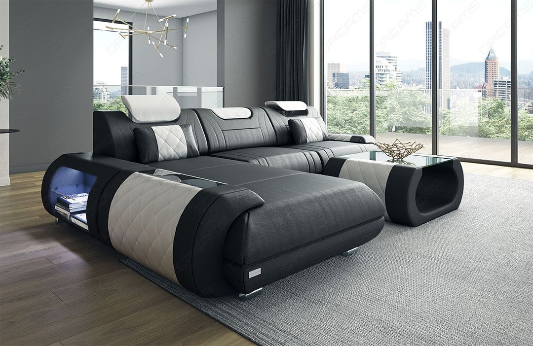 Designer Ledersofa Rimini L-Form mit Ottomane in schwarz-weiss