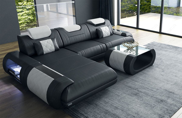 Designer Ledersofa Rimini L-Form mit Ottomane in schwarz-weiss
