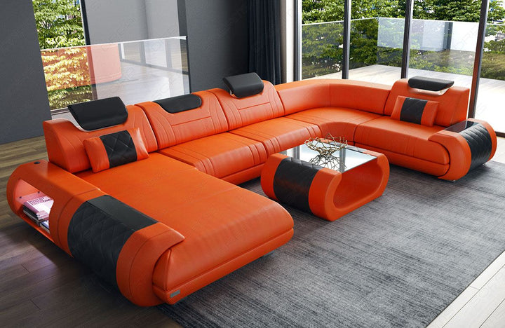 Wohnlandschaft Rimini Leder orange - schwarz