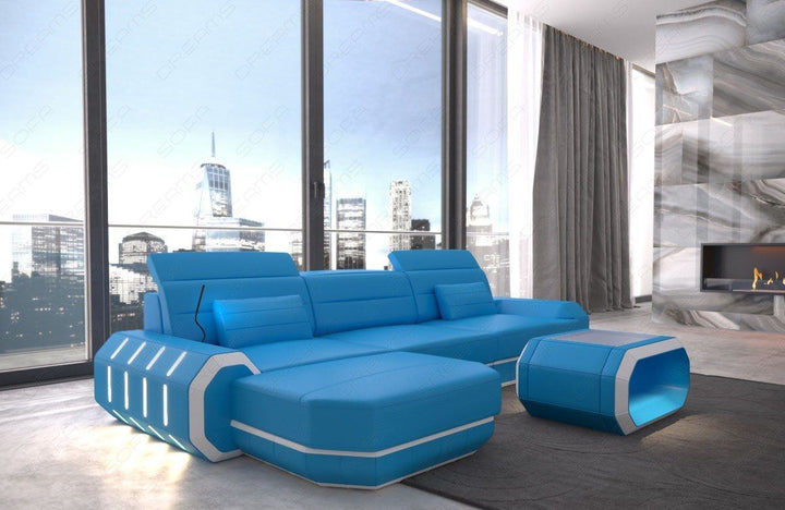 Modernes Ledersofa Roma L-Form mit LED und USB - blau-weiss