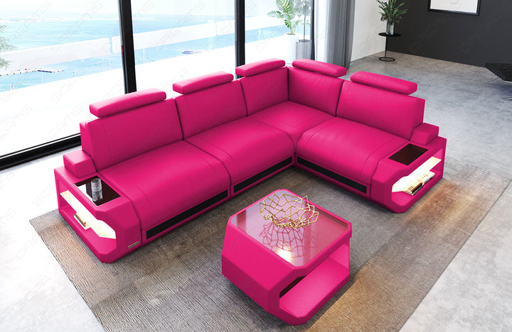 Modernes Leder Ecksofa Siena L Form in pink-schwarz