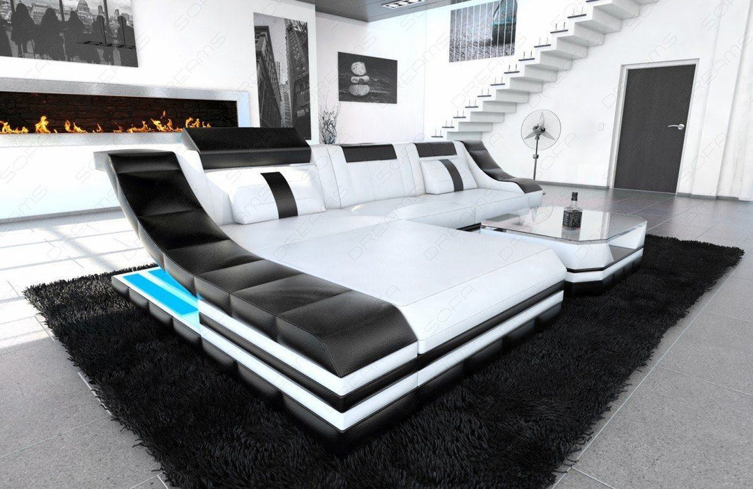 Designer Ledersofa Turino in weiss-schwarz