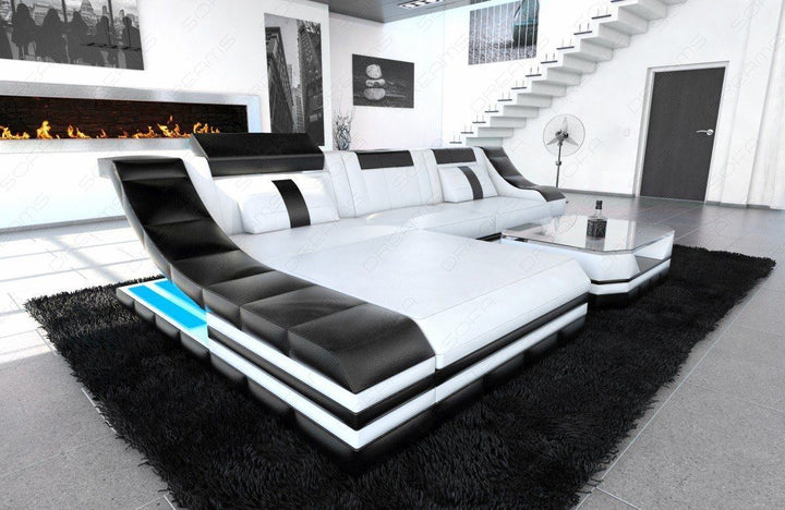 Designer Ledersofa Turino in weiss-schwarz