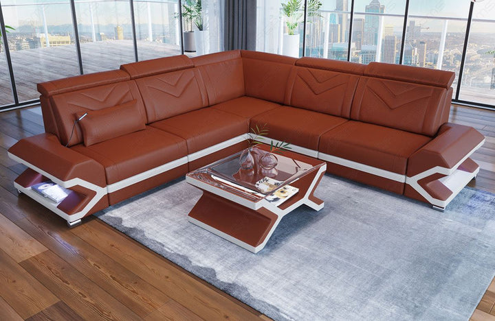 Ledersofa Sorrento Mini L Form mit LED in braun-weiss