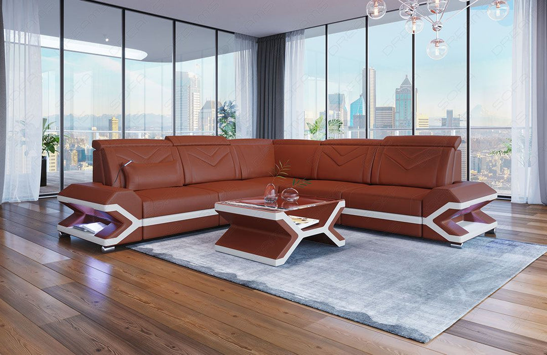 Ledersofa Sorrento Mini L Form mit LED in braun-weiss