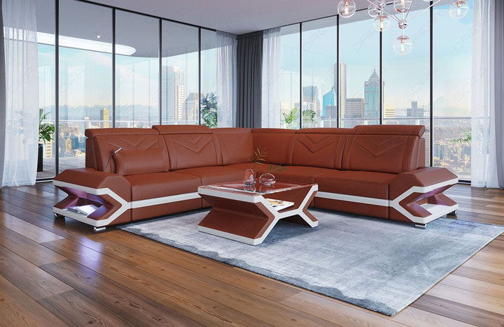 Ledersofa Sorrento Mini L Form mit LED in braun-weiss