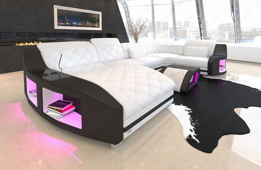Leder Sofa Swing U Form mit Ottomane - weiss-schwarz