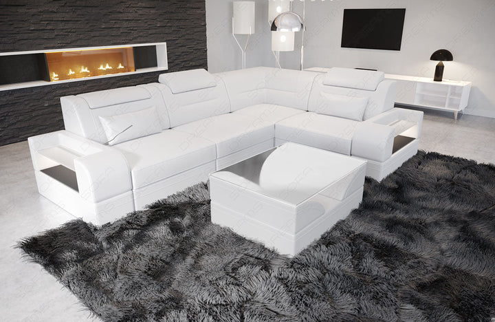 Design Leder Ecksofa Trivento L Form kurz komplett in weiÃŸ mit LED-Beleuchtung