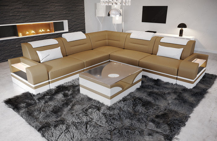 Design Leder Ecksofa Trivento L Form in sandbeige-weiÃŸ
