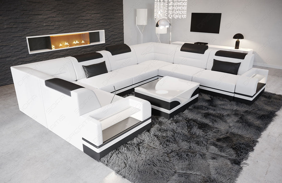 U Form Ledersofa Trivento Mini mit Beleuchtung in weiÃŸ-schwarz