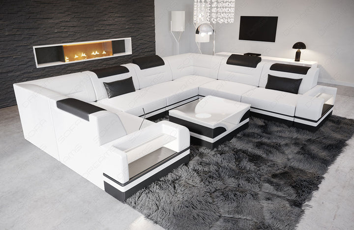 U Form Ledersofa Trivento Mini mit Beleuchtung in weiÃŸ-schwarz