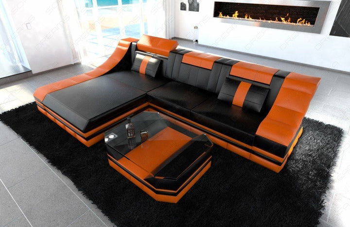 Ledersofa Turino in schwarz-orange