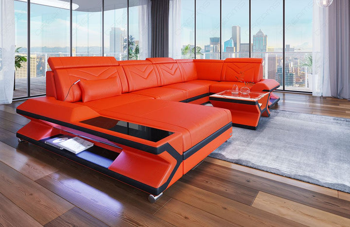 U Form Ledersofa Napoli als Mini mit LED und USB orange-schwarz