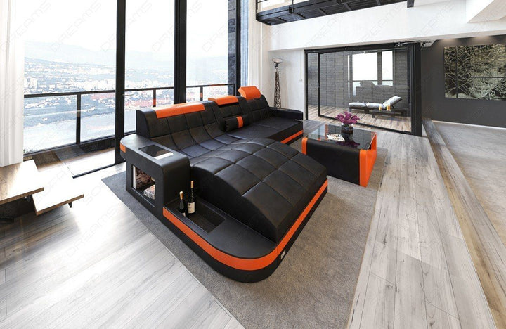 Designersofa Wave mit gemÃ¼tlicher Ottomane - schwarz-orange