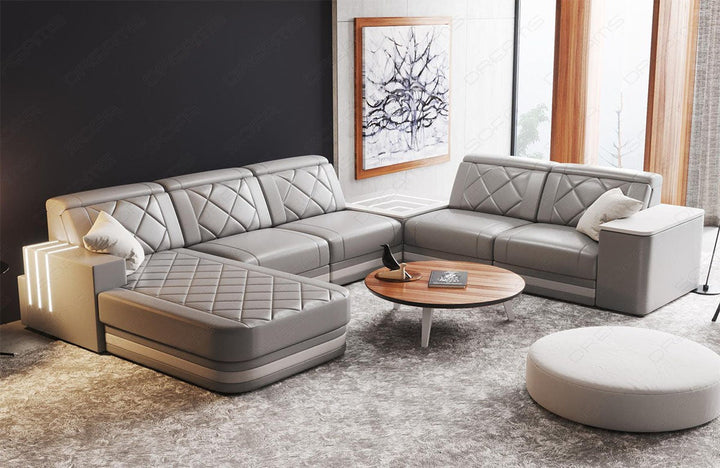 Design Leder Wohnlandschaft XXL in grau-weiÃŸ