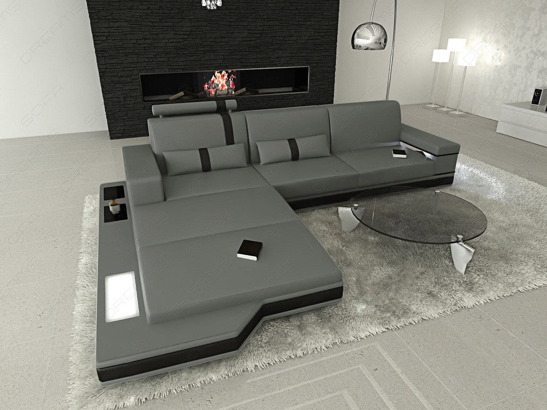 Ledersofa Messana L Form Mini mit Beleuchtung in grau-schwarz