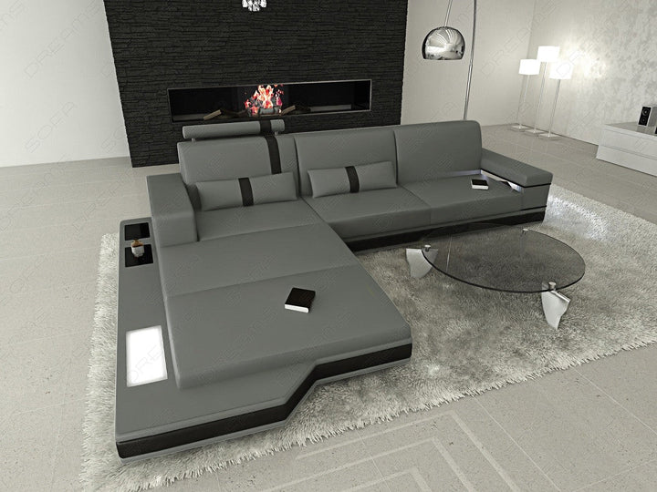 Ledersofa Messana L Form Mini mit Beleuchtung in grau-schwarz
