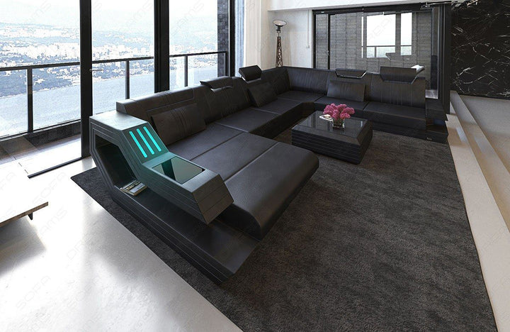 Ledercouch Ravenna in XXL mit LED und USB in schwarz-schwarz