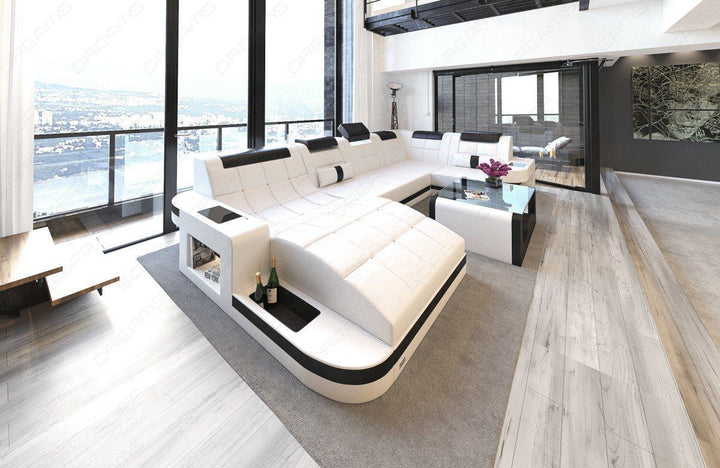 Ledersofa Wohnlandschaft Wave in weiss-schwarz