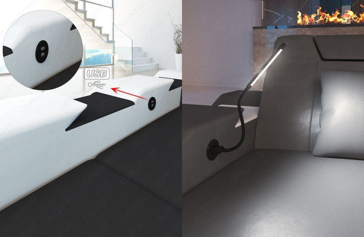 Das Ledersofa Apollonia in der C Form hat einen optional erhÃ¤ltlichen USB Port inkl. mitgelieferter LED Leselampe