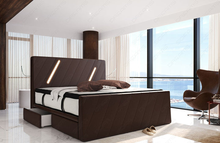 Leder Boxspringbett Toulon mit Schubladen in dunkelbraun
