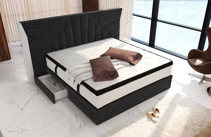 Polster Boxspringbett Monaco mit LED Beleuchtung und Schubladen in schwarzgrau - Hugo12 - Nebenfarbe weiÃŸ
