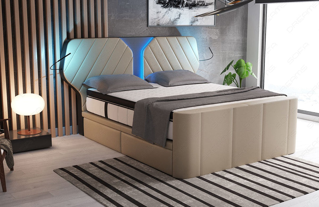 Designer Boxspringbett Nizza in sandbeige-schwarz. LiegemaÃŸ frei wÃ¤hlbar von 140x200cm bis 200x220cm