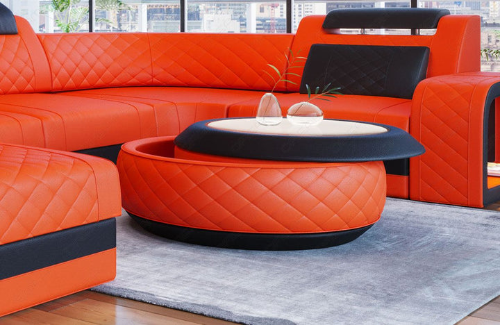 Design Couchtisch Berlin in Leder mit Stauraum in orange - schwarz