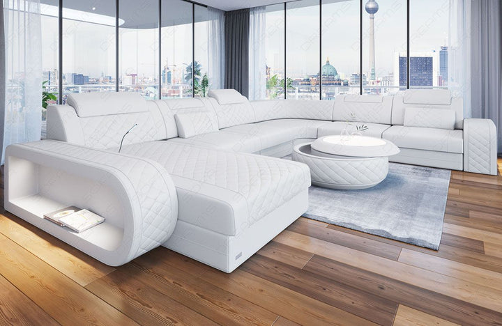 Mini U Form Ledersofa Berlin XXL mit schmalen SitzflÃ¤chen in Farbe weiss