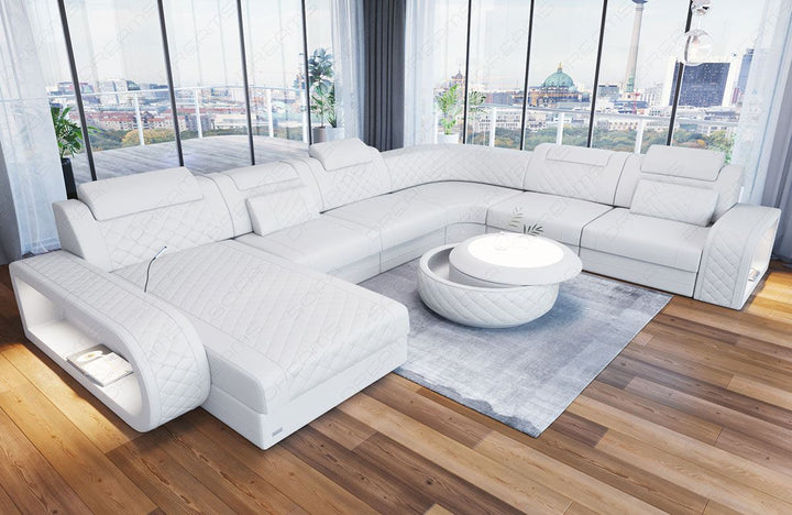 Mini U Form Ledersofa Berlin XXL mit schmalen SitzflÃ¤chen in Farbe weiss