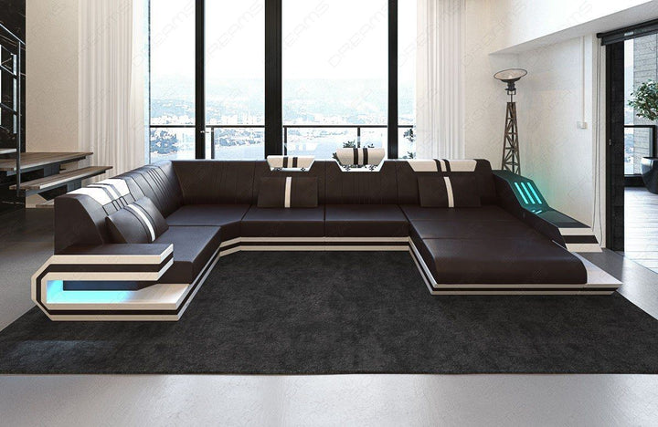 Leder Wohnlandschaft Ravenna U Form LED in dunkelbraun-weiss
