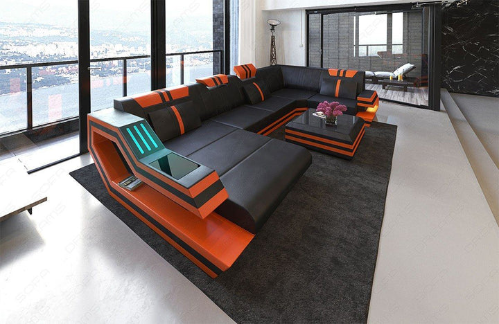 Moderne Wohnlandschaft RavennaU Form LED in schwarz-orange
