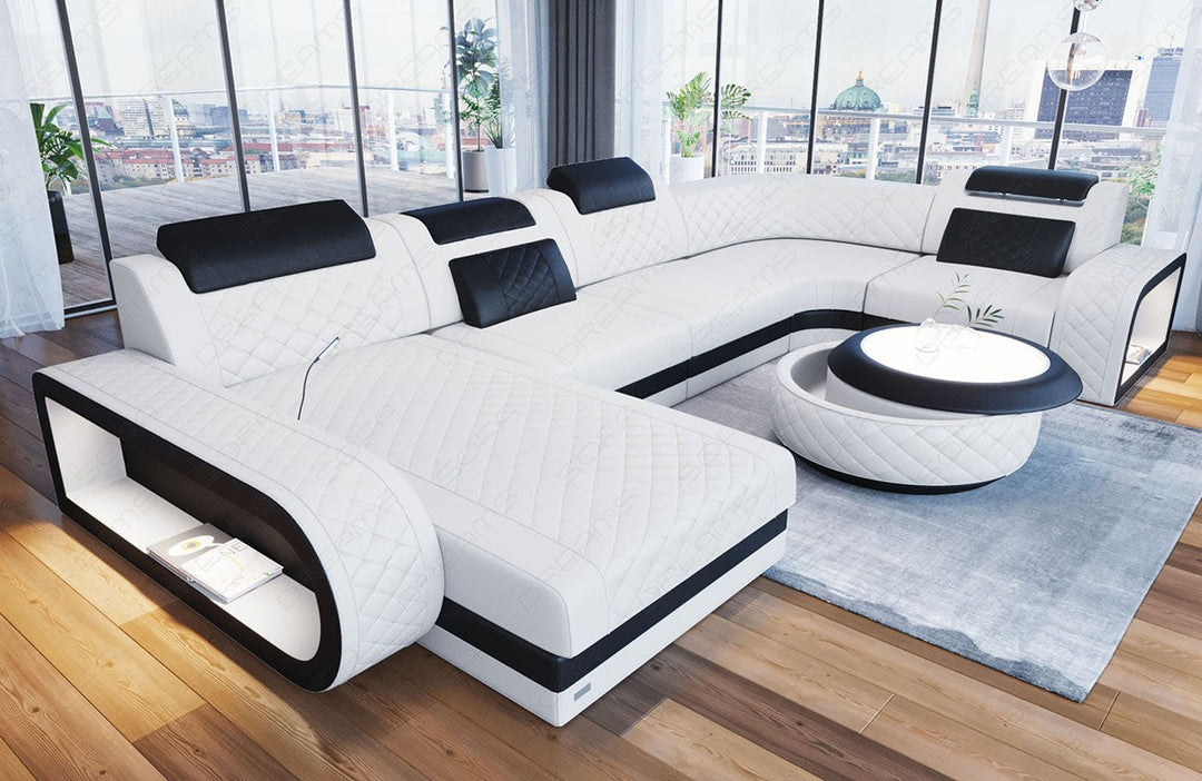 Ledersofa U Form Chesterfield Ottomane Berlin LED - Leder weiÃŸ-schwarz